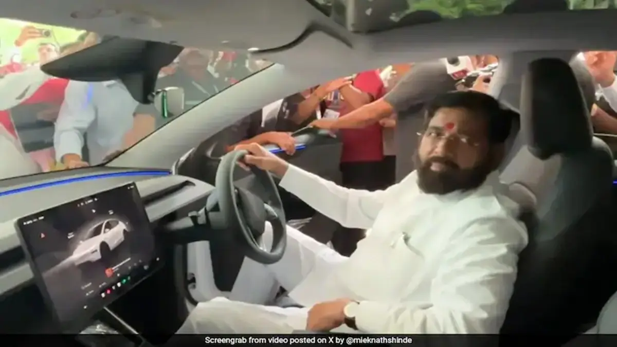Eknath Shinde Takes Tesla Model Y for a Spin Outside Maharashtra Assembly | WATCH